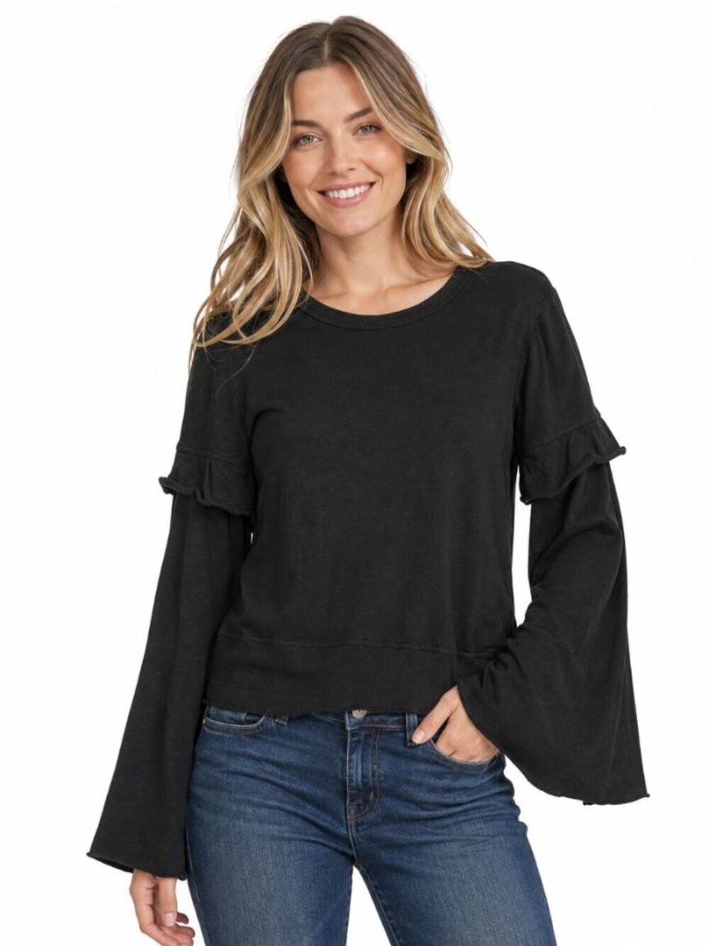 Wilt Women's Long Sleeve Black T-Shirt Top Wide Ruffle Sleeves Cotton USA Size S